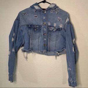 Oversized cropped distressed denim jacket size medium